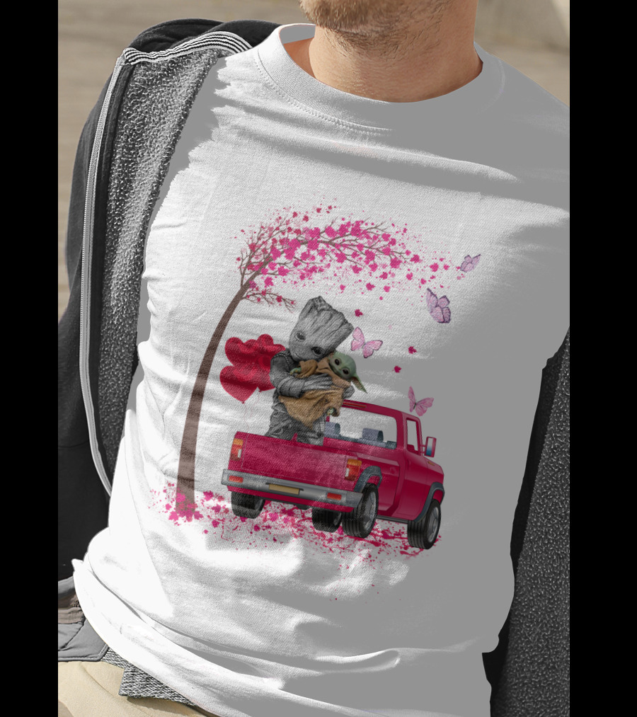 Groot And Yoda In Red Truck With Heart Balloons And Butterflies T-Shirt