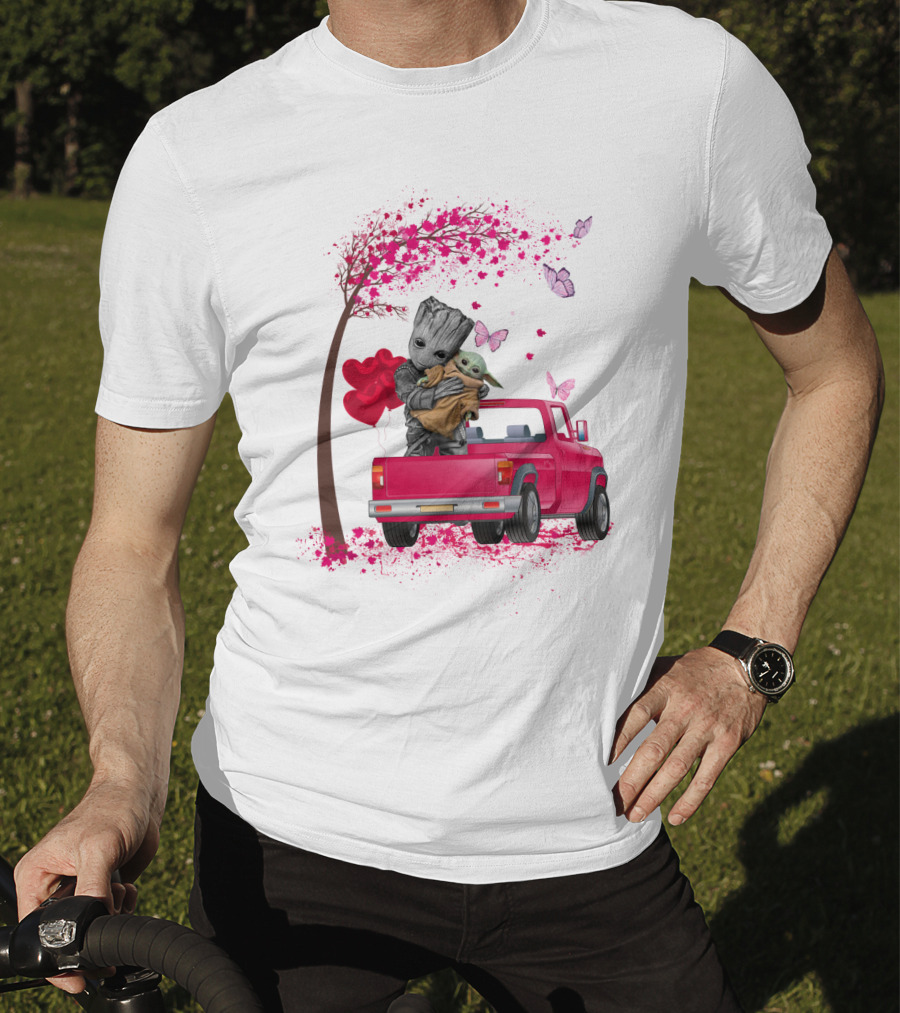 Groot And Yoda In Red Truck With Heart Balloons And Butterflies T-Shirt