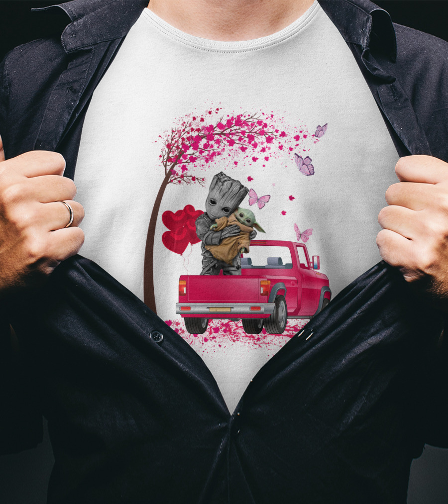 Groot And Yoda In Red Truck With Heart Balloons And Butterflies T-Shirt