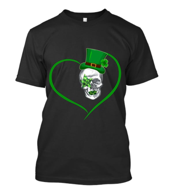 Kiss 02 Skull With Shamrock Star And Green Top Hat Inside Heart Shape T-Shirt