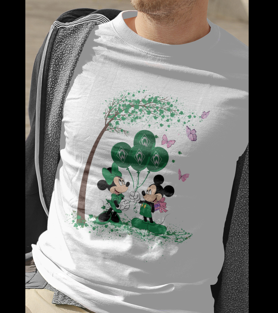 Minnie And Mickey With Green Werder Bremen Balloons Scene T-Shirt