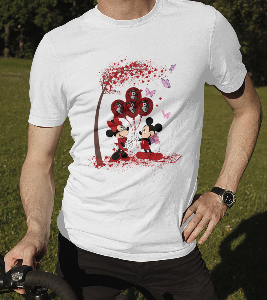DH 29 Premier League AFC Bournemouth Mickey Minnie Balloons Tree Butterflies T-Shirt