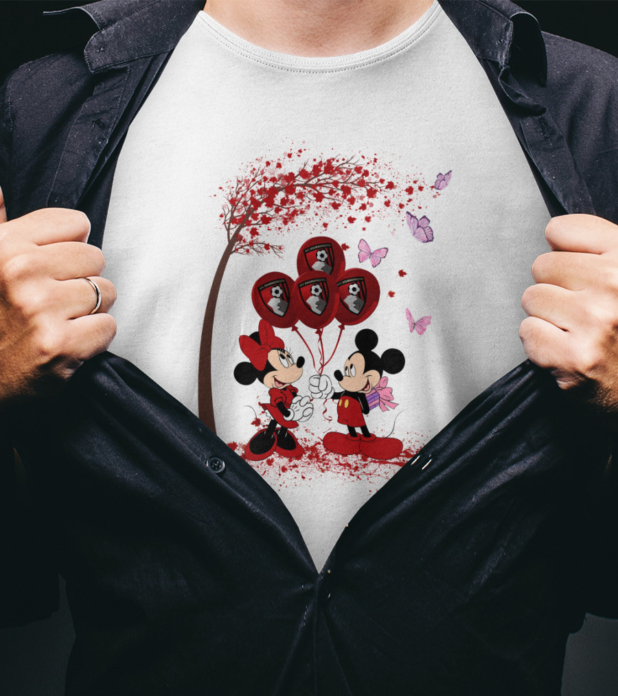 DH 29 Premier League AFC Bournemouth Mickey Minnie Balloons Tree Butterflies T-Shirt