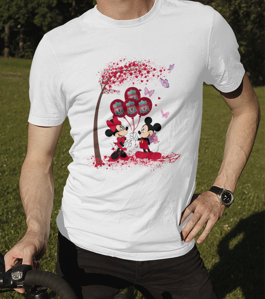 Mickey Minnie Holding Liverpool FC Balloons Under Blossoming Tree With Butterflies T-Shirt