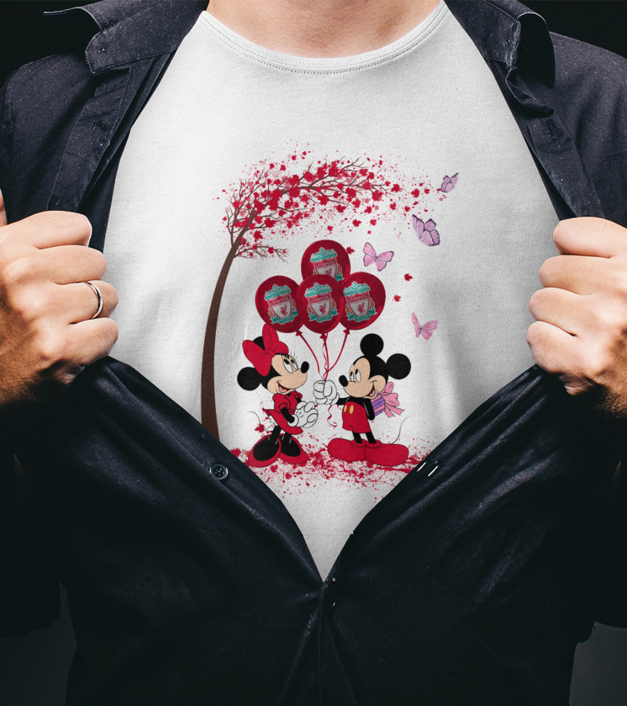 Mickey Minnie Holding Liverpool FC Balloons Under Blossoming Tree With Butterflies T-Shirt