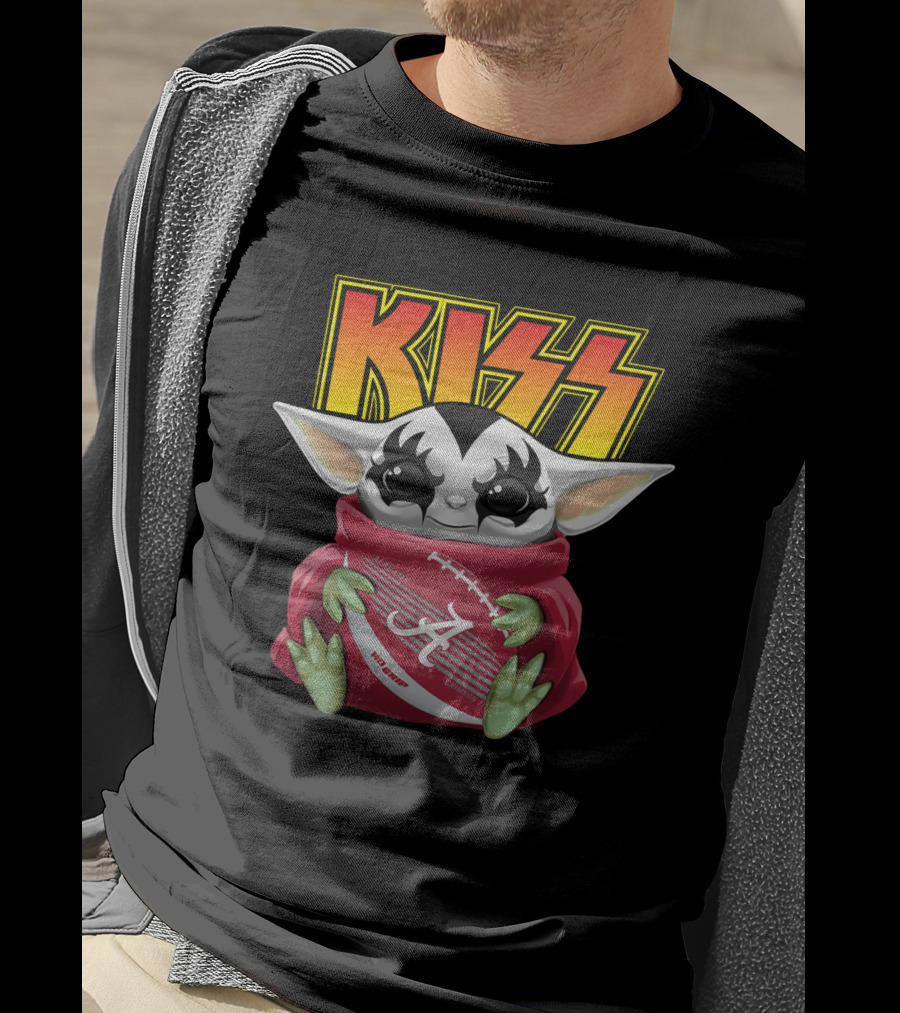 KISS Gene Simmons Baby Yoda Holding Alabama Crimson Tide Football T-Shirt