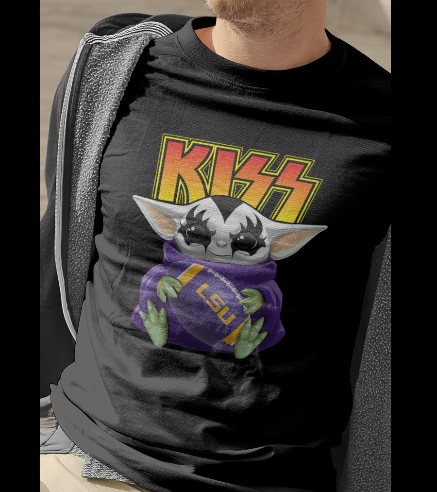 KISS Baby Yoda Holding LSU Tigers Football T-Shirt