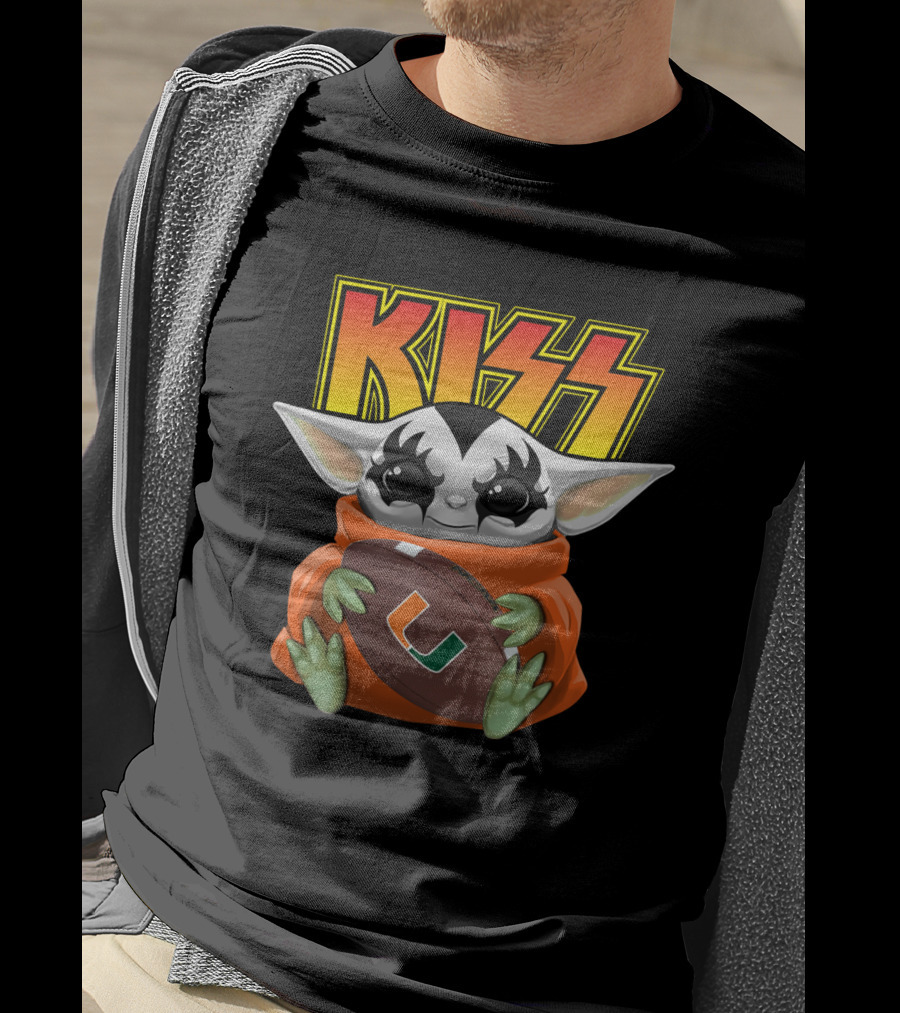Kiss Baby Yoda Miami Hurricanes Football T-Shirt