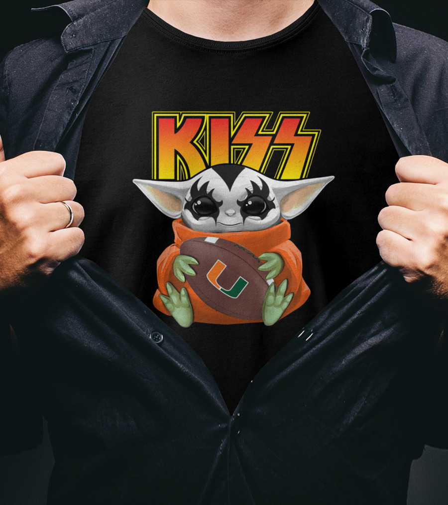 Kiss Baby Yoda Miami Hurricanes Football T-Shirt