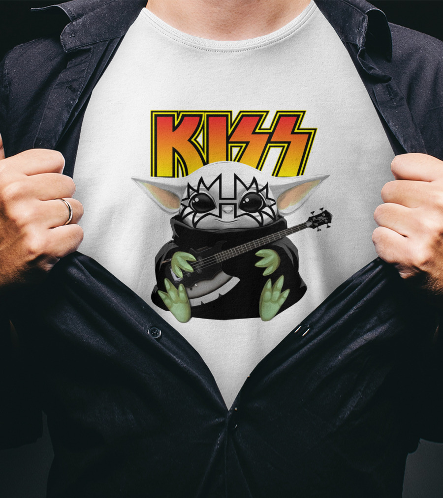 KISS Baby Yoda With Guitar In Tommy Thayer Makeup T-Shirt