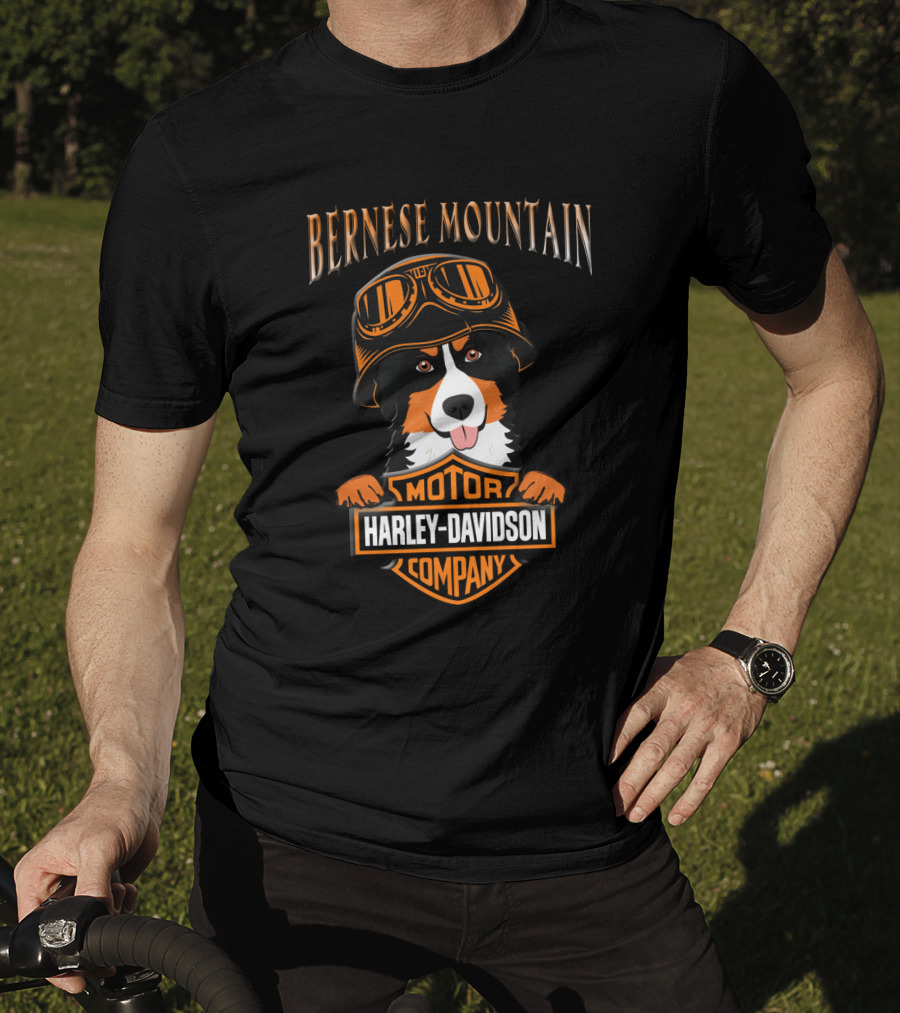 Bernese Mountain Harley Davidson Motorcycle Company Dog With Goggles T-Shirt