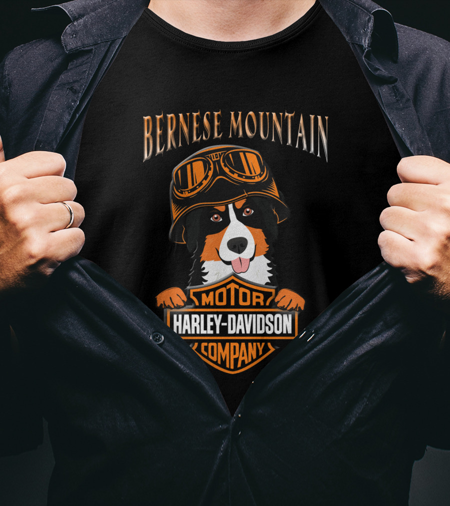 Bernese Mountain Harley Davidson Motorcycle Company Dog With Goggles T-Shirt