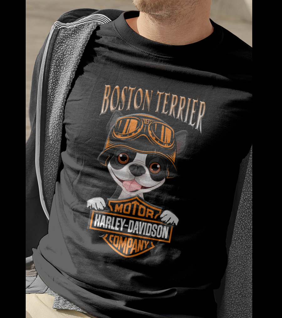 Boston Terrier Harley Davidson Motor Company Dog With Goggles T-Shirt
