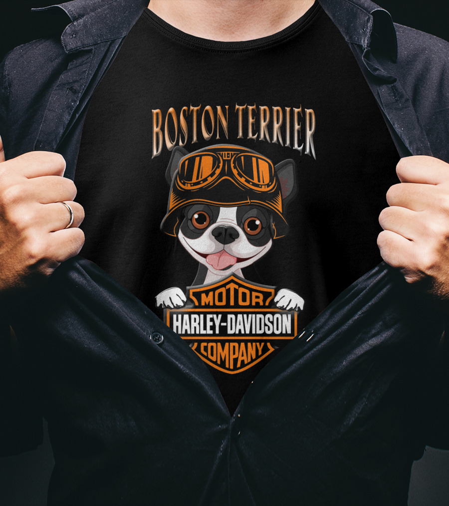 Boston Terrier Harley Davidson Motor Company Dog With Goggles T-Shirt