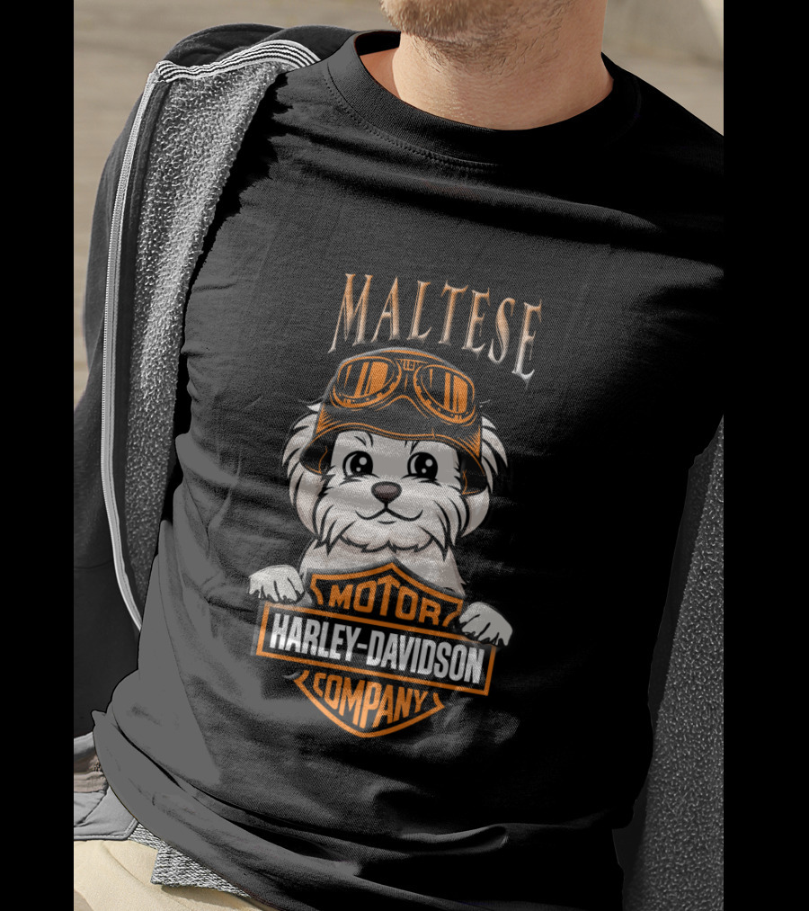 Maltese Harley Davidson Motor Company Dog With Goggles T-Shirt