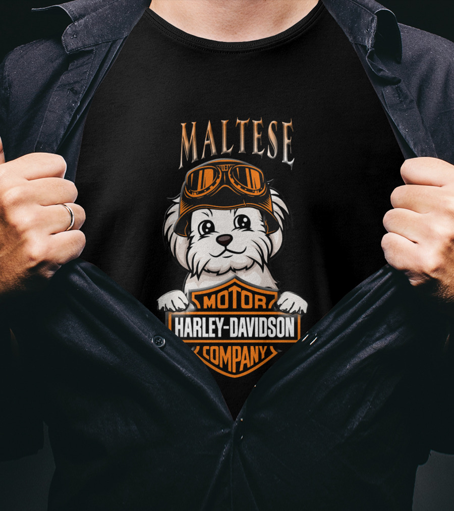 Maltese Harley Davidson Motor Company Dog With Goggles T-Shirt