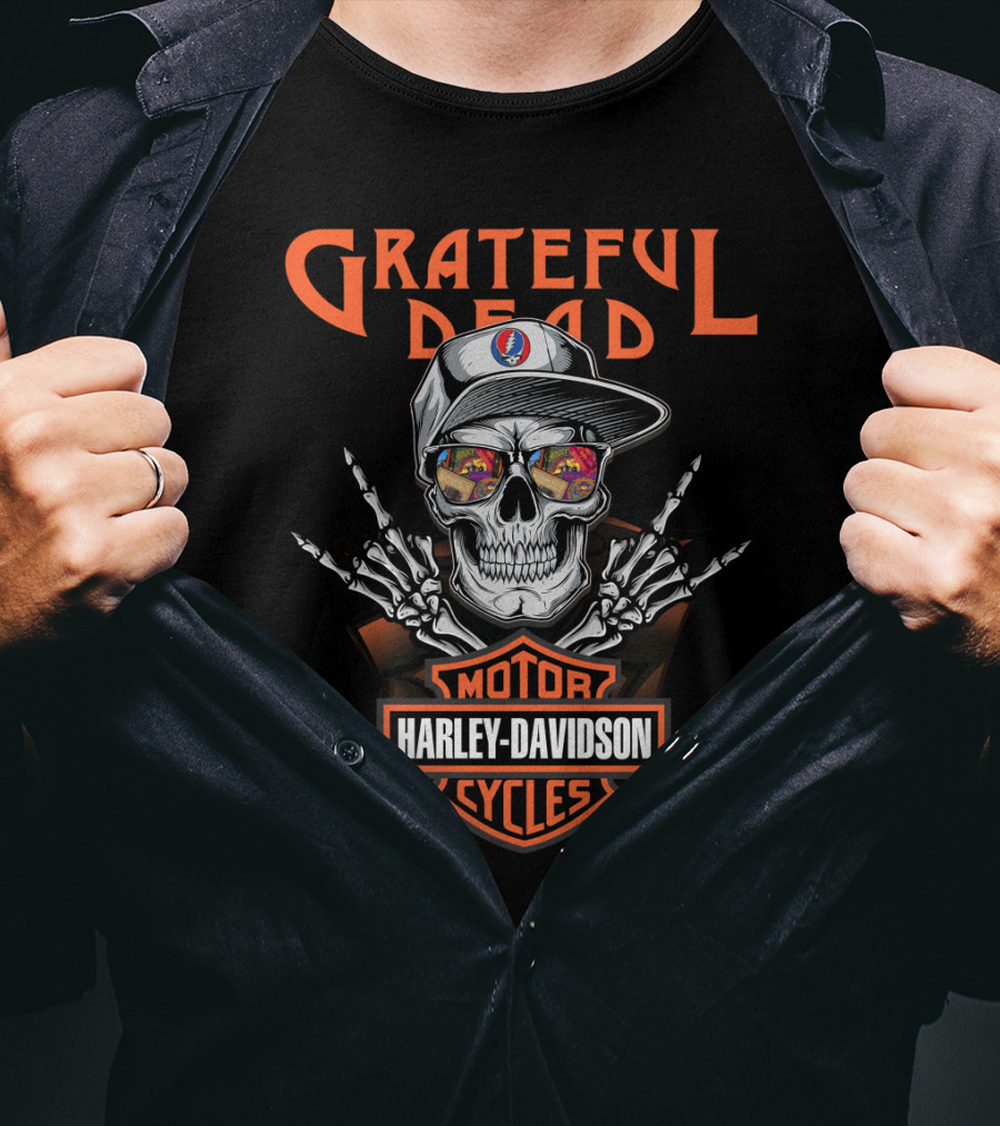 Grateful Dead Harley Davidson Skull With Steal Your Face Hat And Skeleton Hands T-Shirt