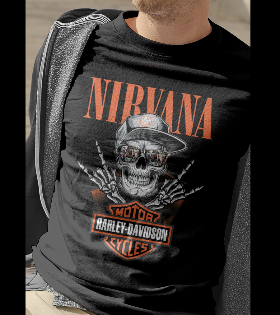 Harley Davidson Motorcycles Dh 34 Nirvana Skull With Cap And Skeleton Hands T-Shirt