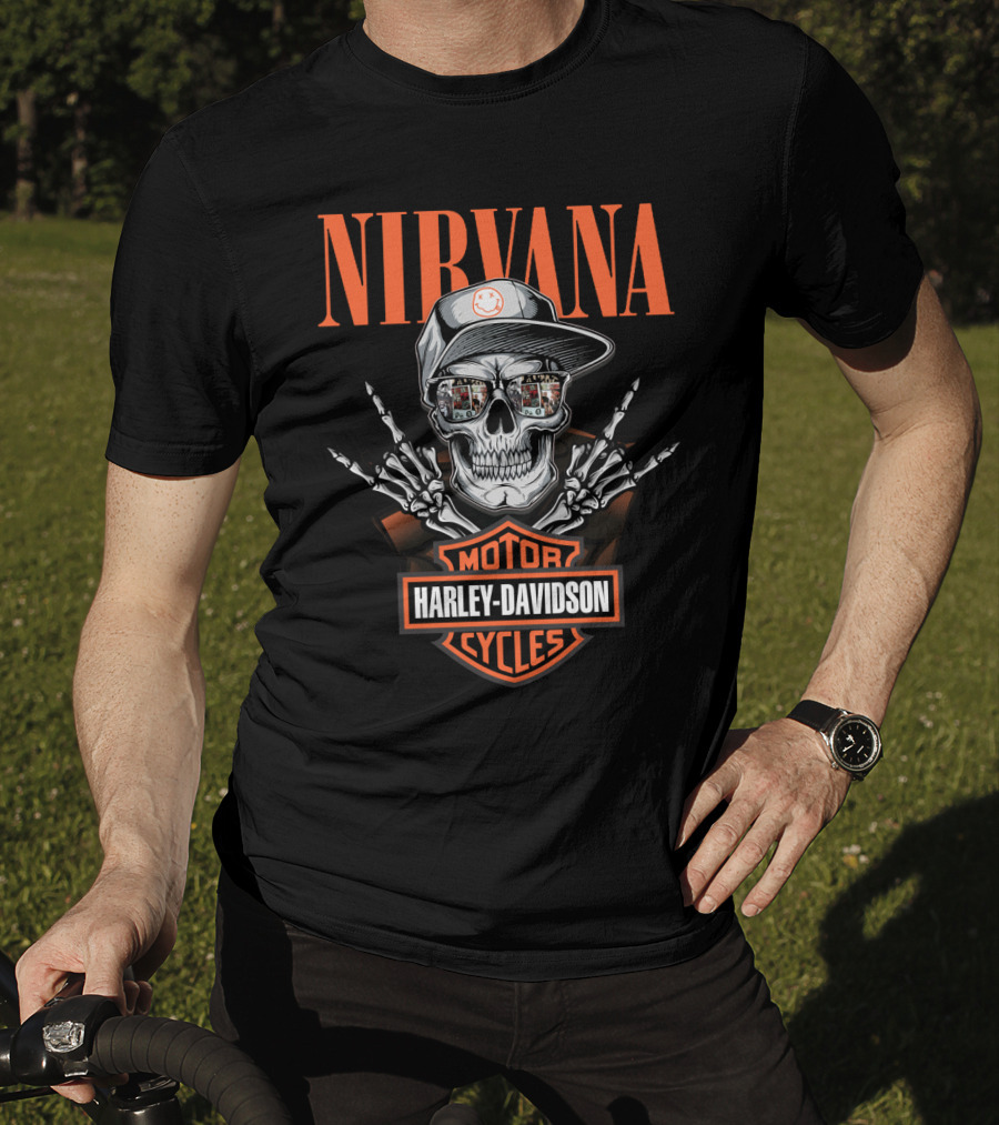 Harley Davidson Motorcycles Dh 34 Nirvana Skull With Cap And Skeleton Hands T-Shirt