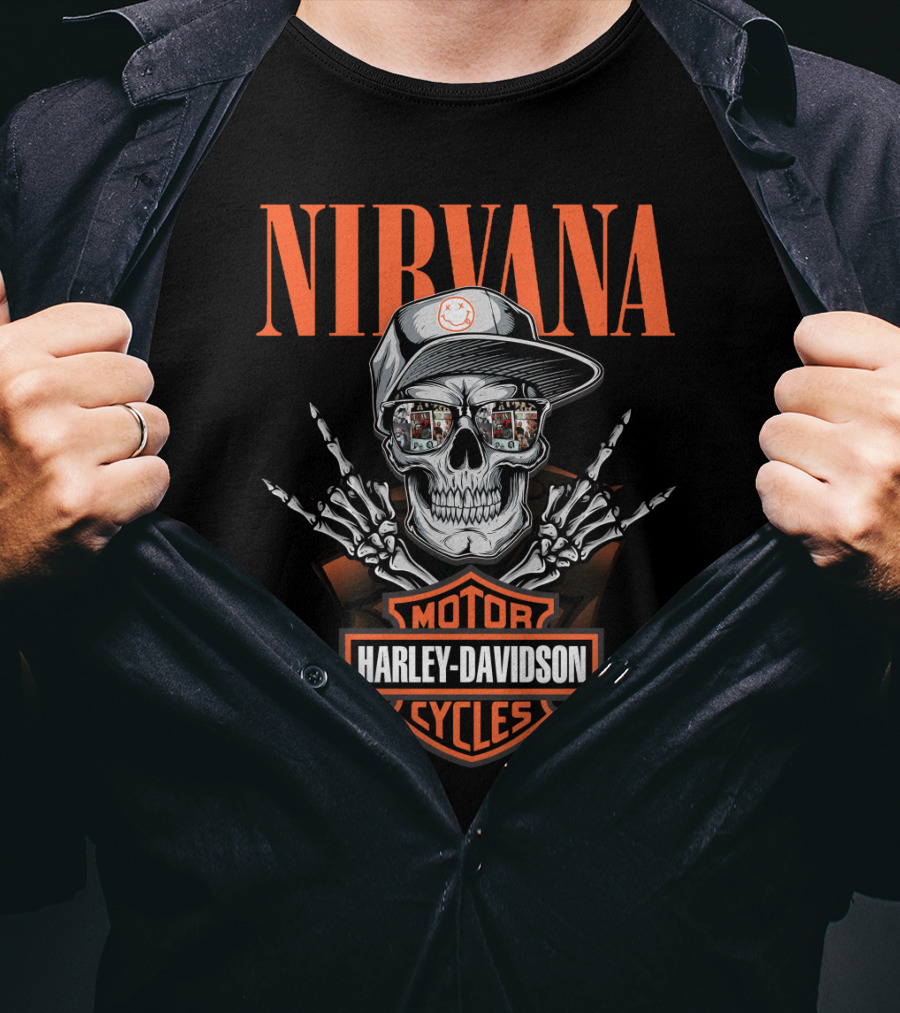 Harley Davidson Motorcycles Dh 34 Nirvana Skull With Cap And Skeleton Hands T-Shirt