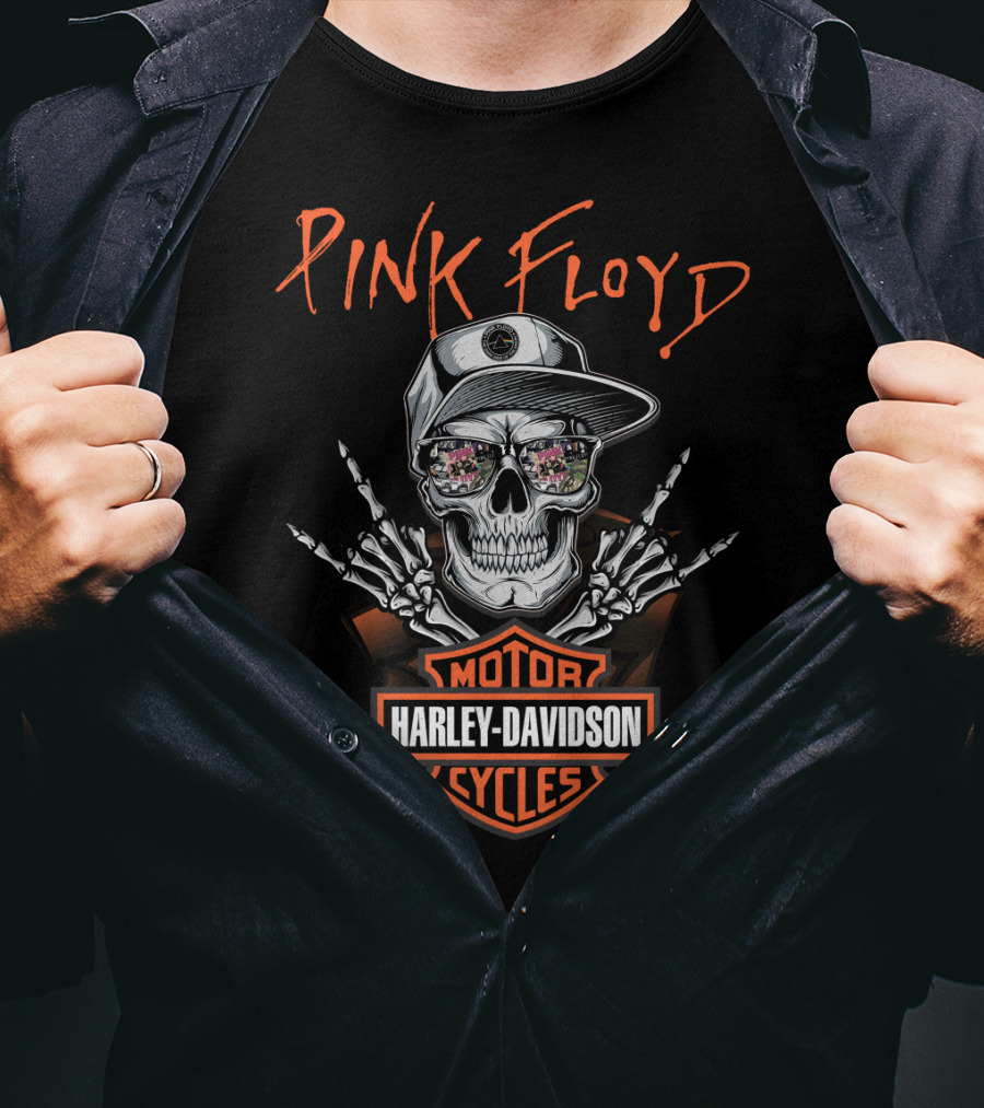 Pink Floyd Harley Davidson Skull With Cap And Skeleton Hand Motorcycles T-Shirt