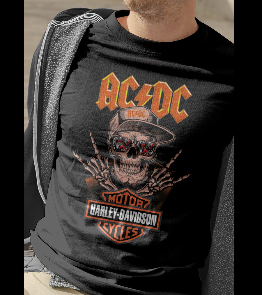 Acdc Harley Davidson Skull With Motorcycles Reflection And Lightning T-Shirt