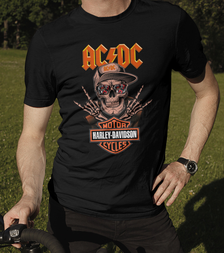 Acdc Harley Davidson Skull With Motorcycles Reflection And Lightning T-Shirt