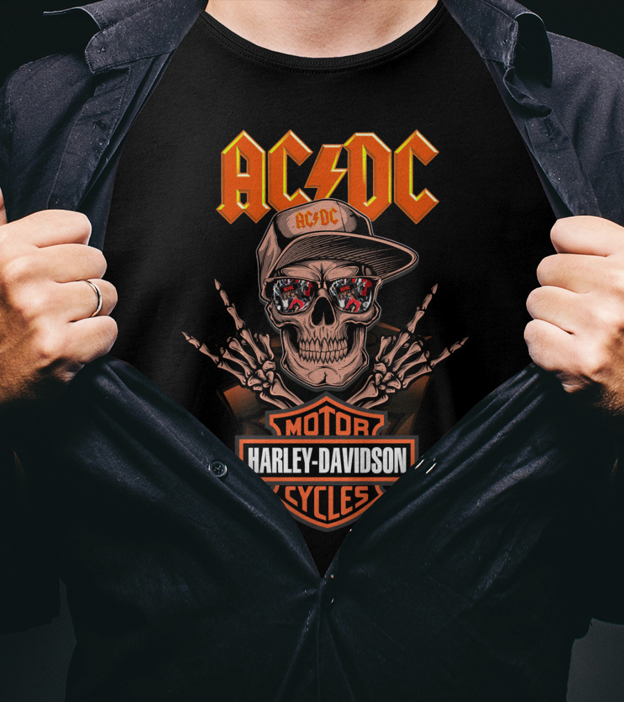 Acdc Harley Davidson Skull With Motorcycles Reflection And Lightning T-Shirt