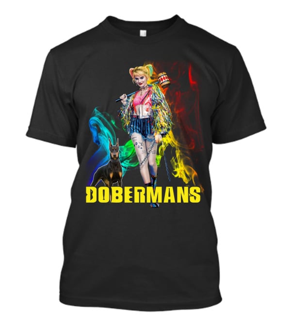 Harley Quinn Dobermans Colorful Character With Mallet And Dog T-Shirt