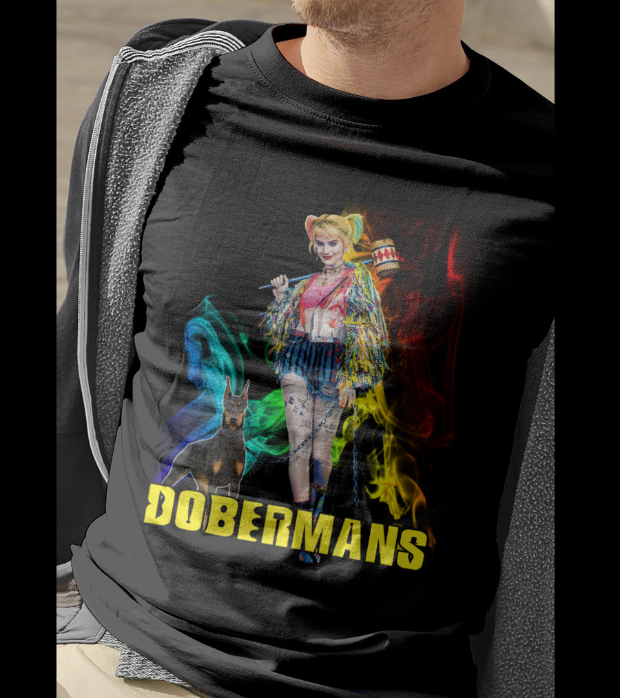 Harley Quinn Dobermans Colorful Character With Mallet And Dog T-Shirt