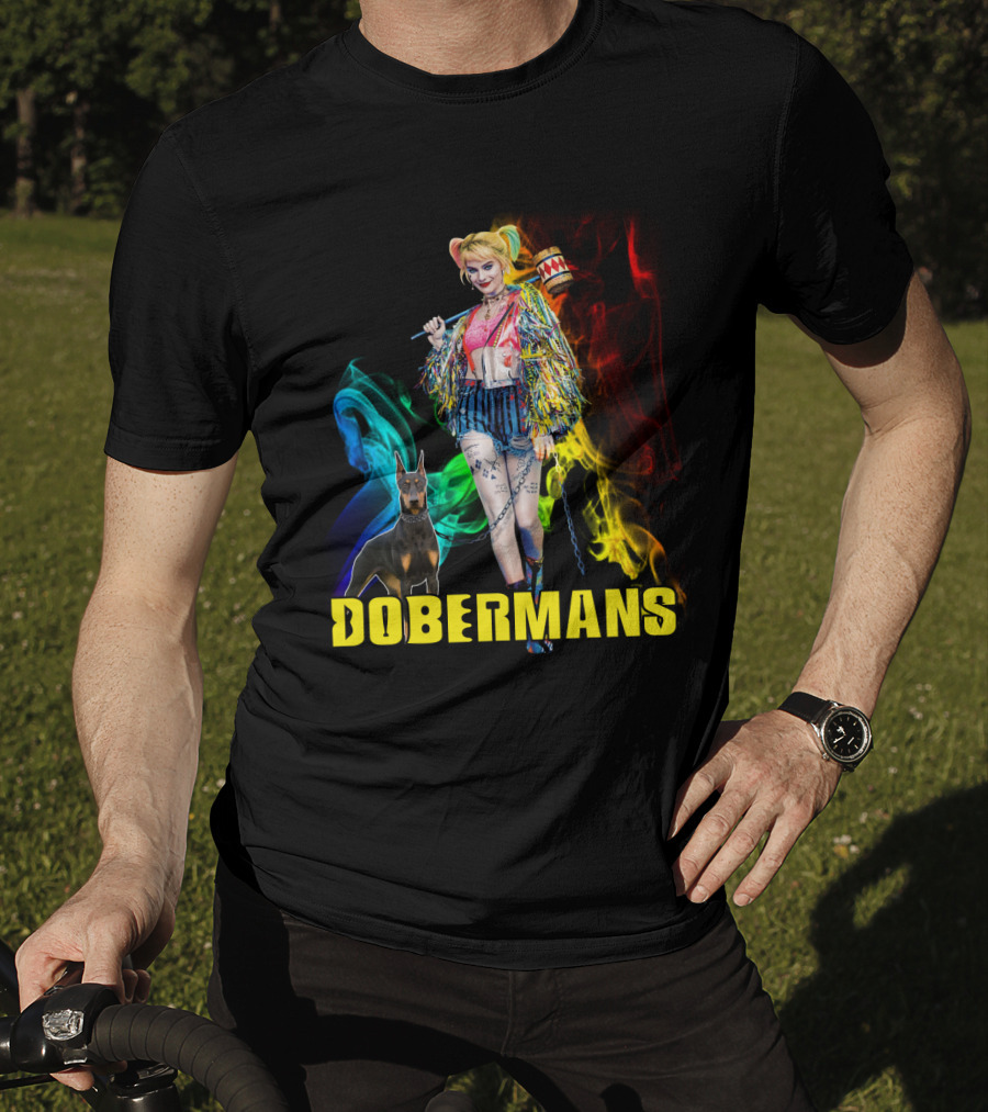 Harley Quinn Dobermans Colorful Character With Mallet And Dog T-Shirt