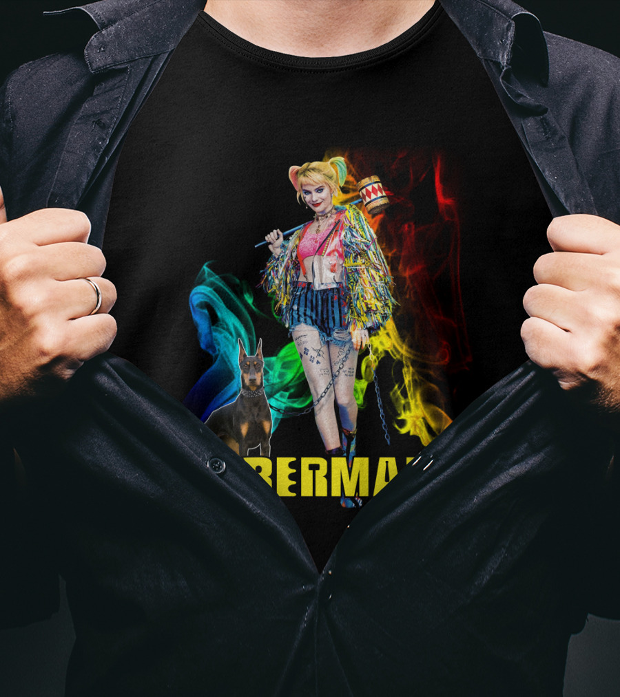Harley Quinn Dobermans Colorful Character With Mallet And Dog T-Shirt
