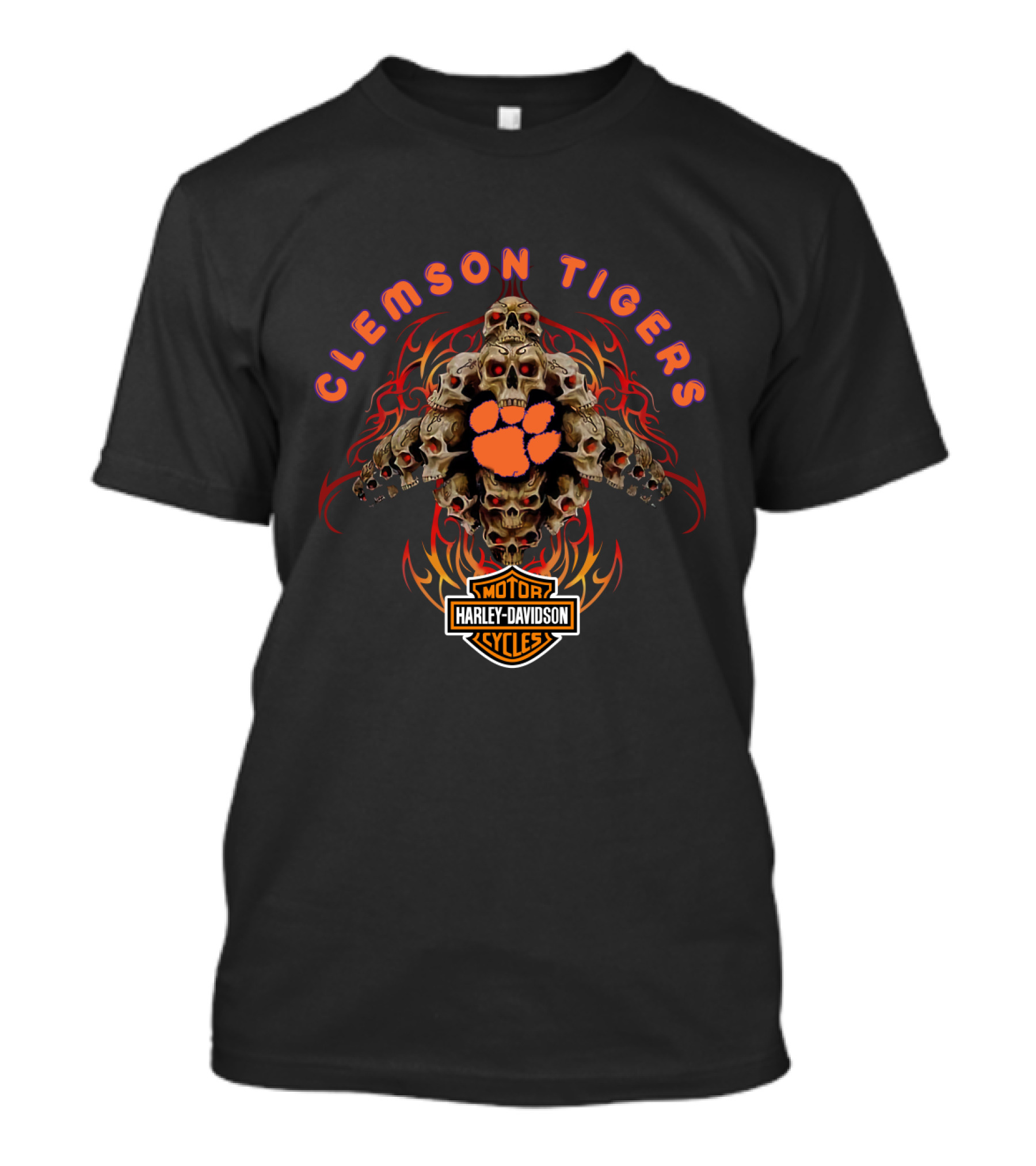 Clemson Tigers Harley Davidson Skull Flames Motif T-Shirt