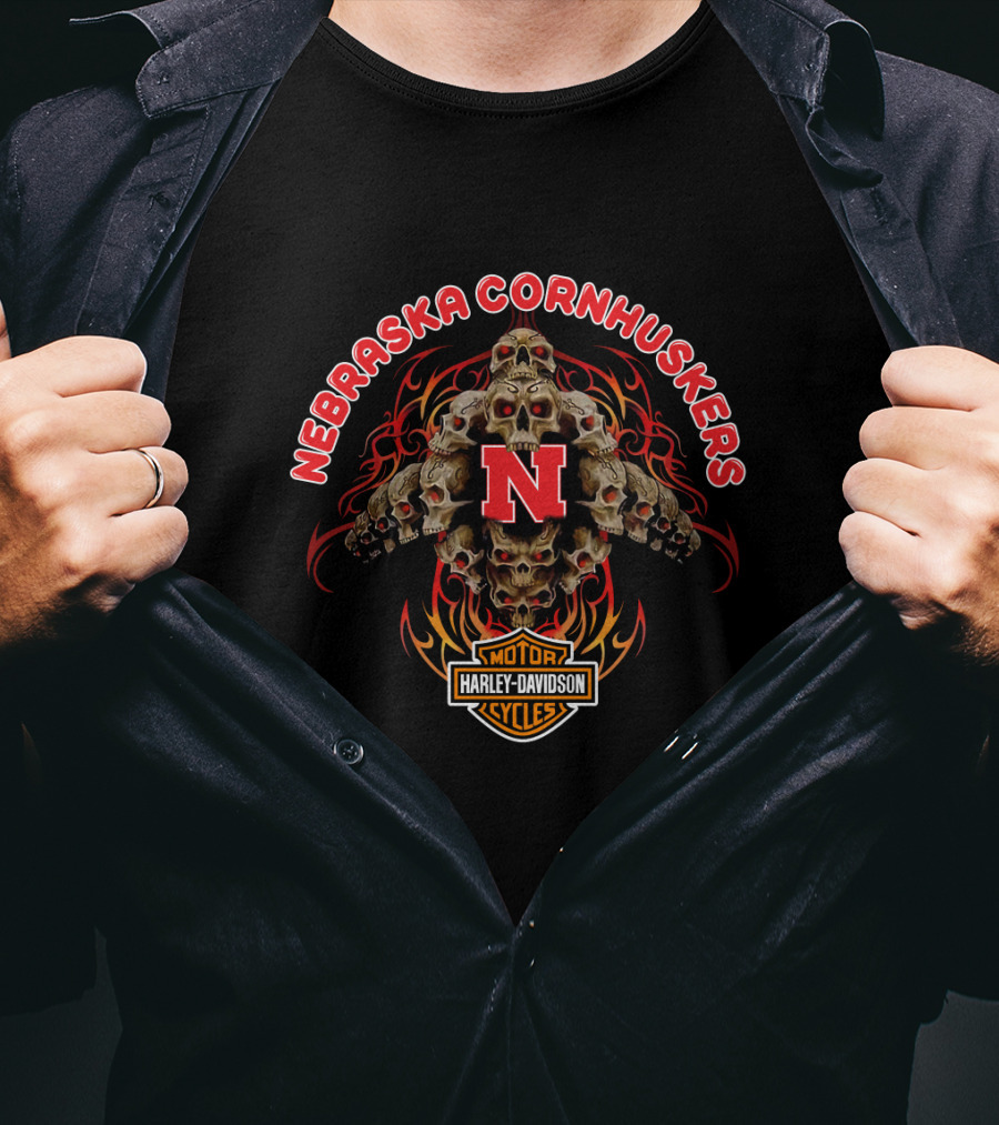Nebraska Cornhuskers Harley Davidson Skulls Flame T-Shirt