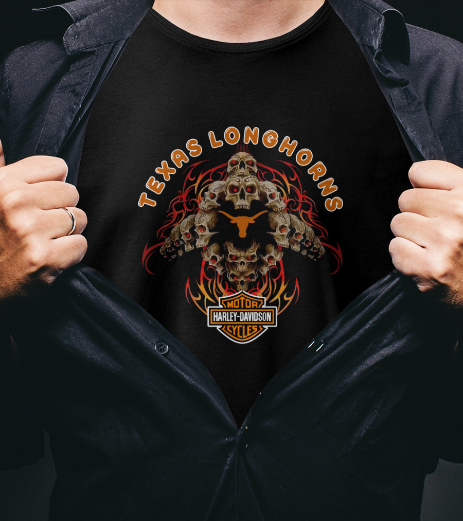 Texas Longhorns Harley Davidson Skulls Flame T-Shirt