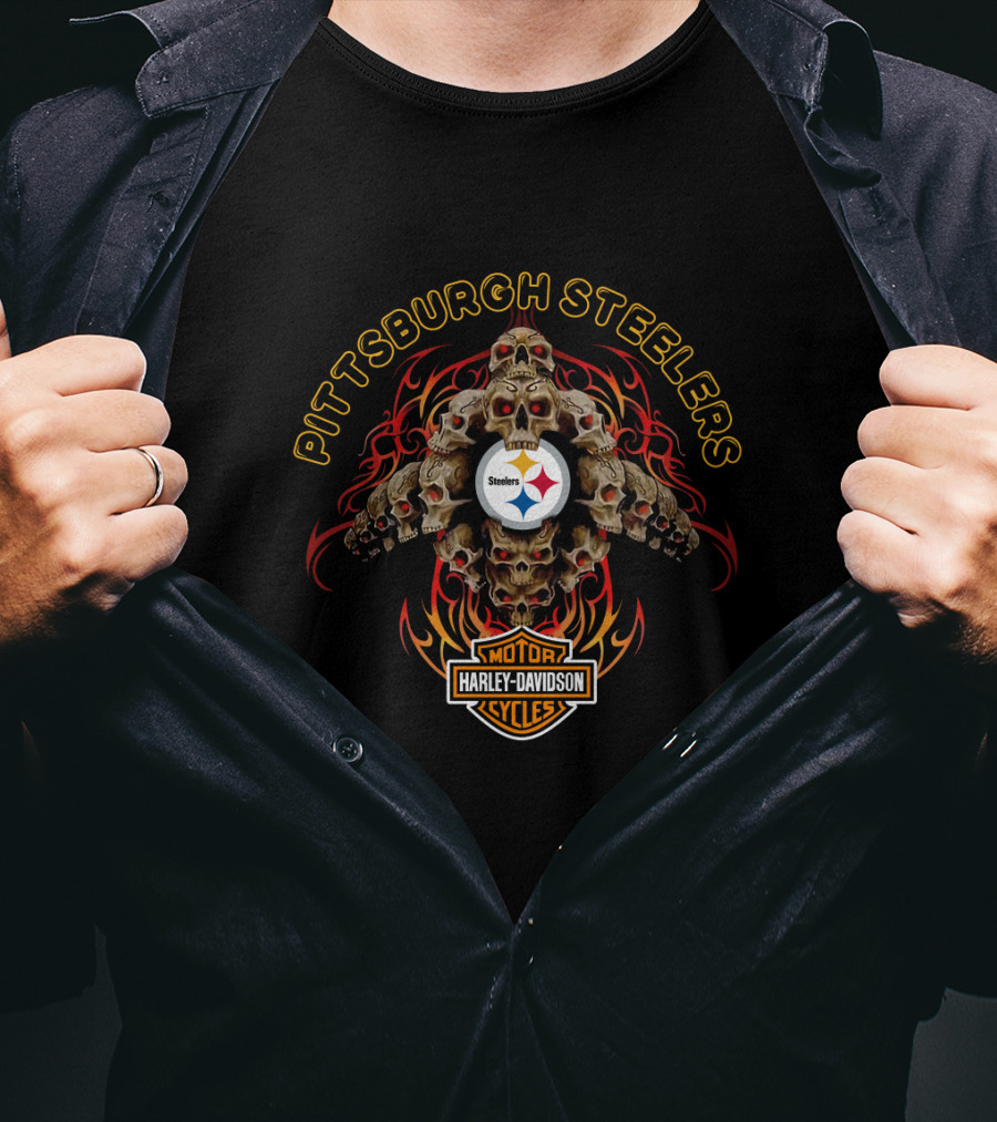 Pittsburgh Steelers Harley Davidson Motorcycle Skulls T-Shirt