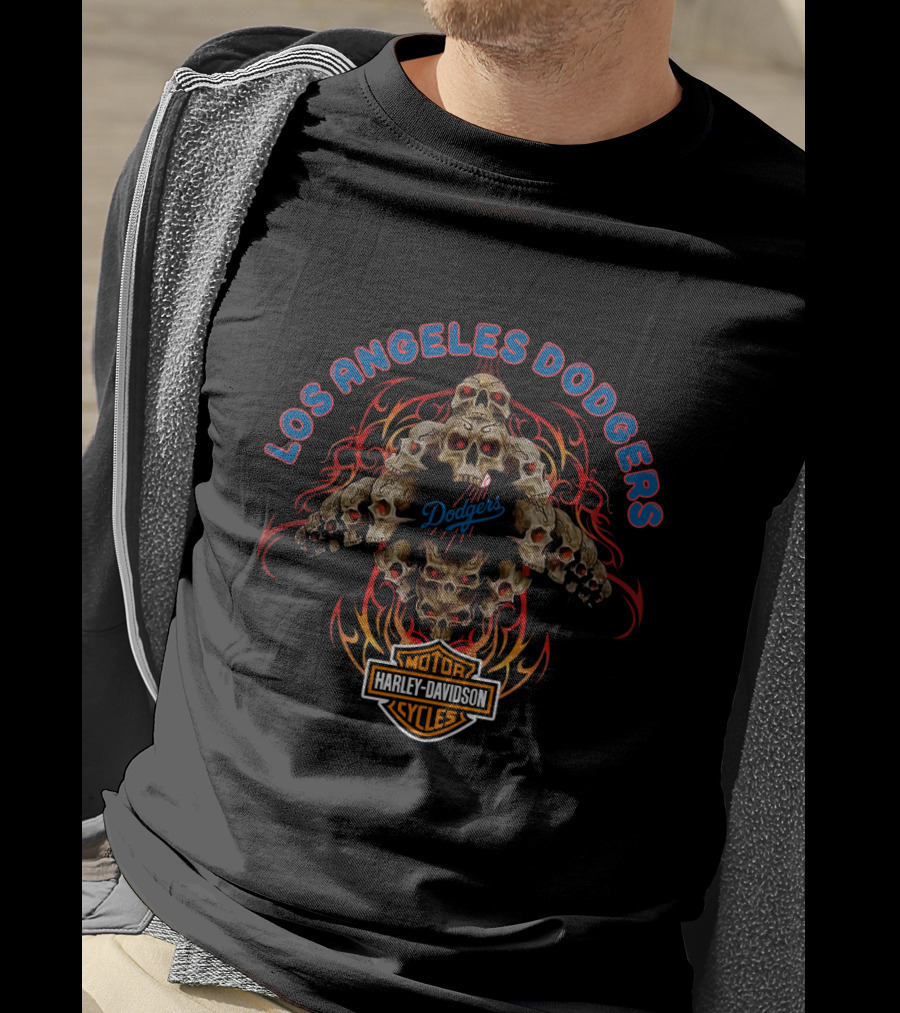 Los Angeles Dodgers Harley Davidson Skull Flame Motorcycle T-Shirt
