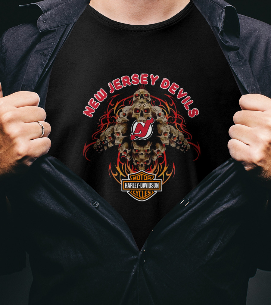 New Jersey Devils Harley Davidson Motorcycles Skulls T-Shirt