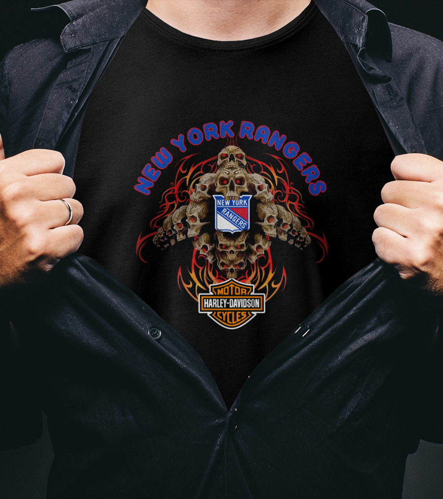 New York Rangers Harley Davidson Motorcycles Skull Flame T-Shirt