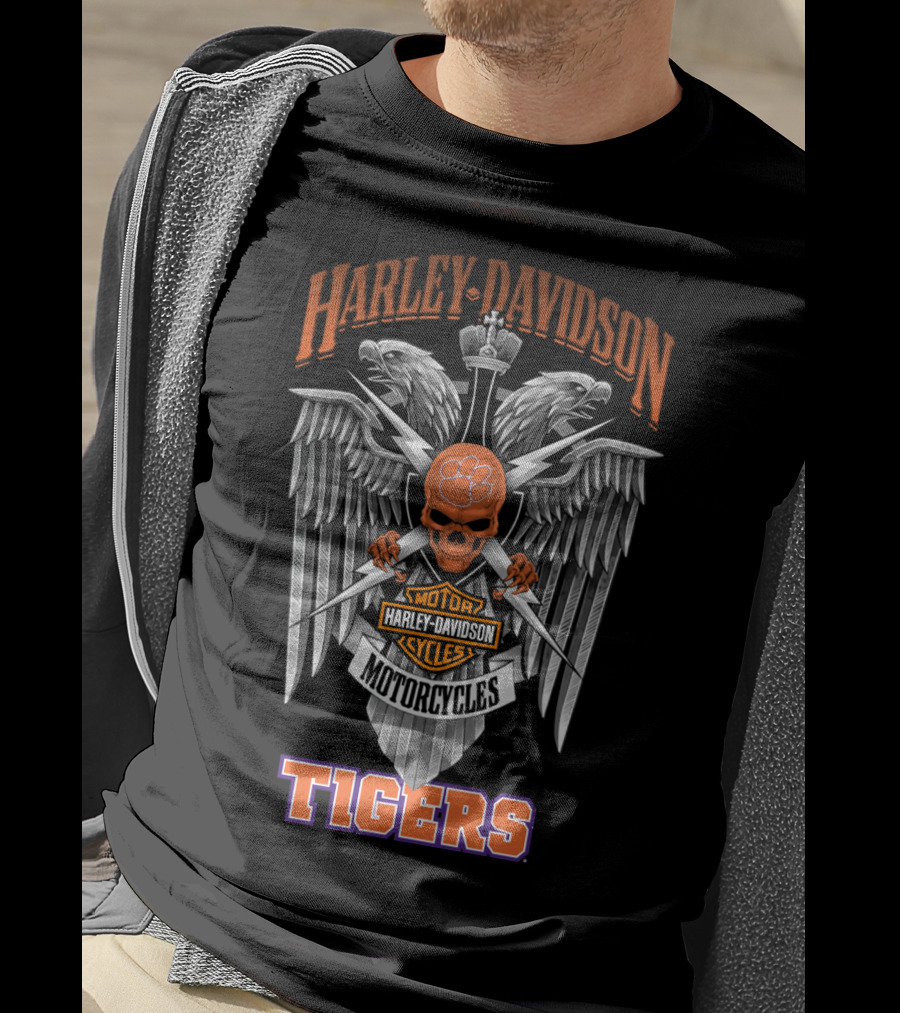 Harley Davidson Motorcycles Clemson Tigers Skull Wings T-Shirt