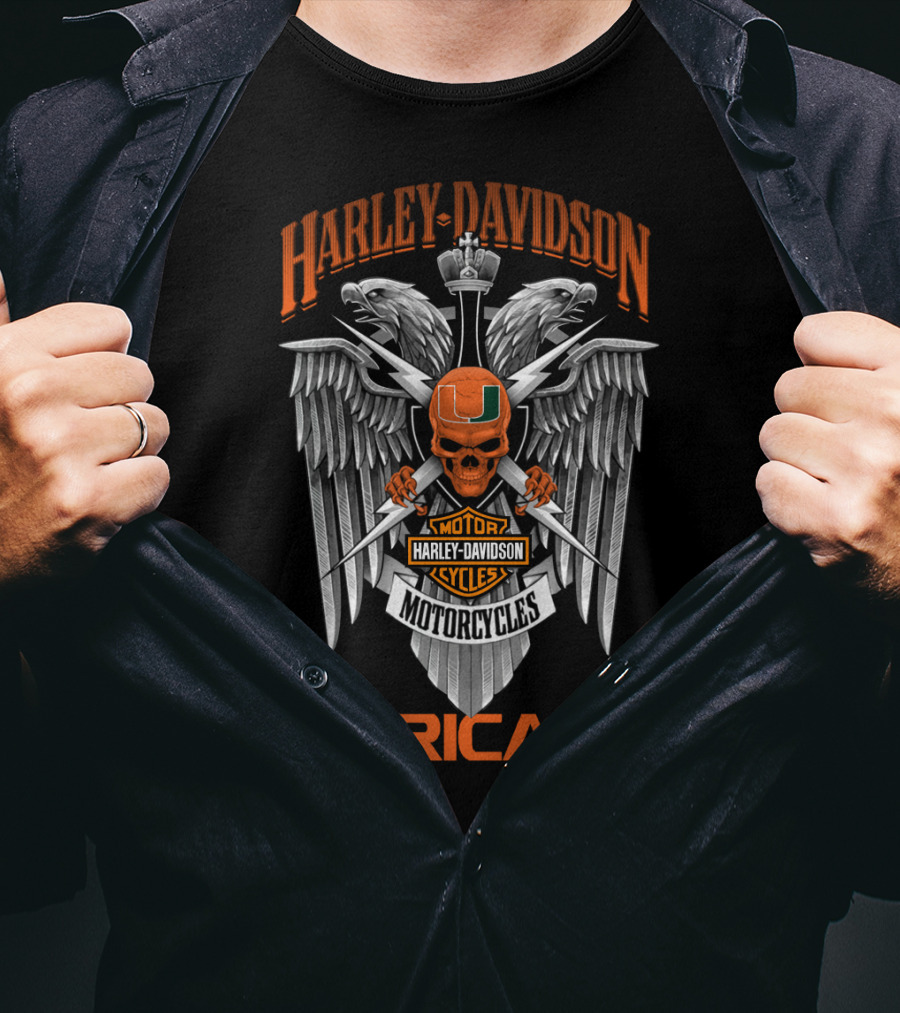 Harley Davidson Miami Hurricanes Motorcycles Skull T-Shirt