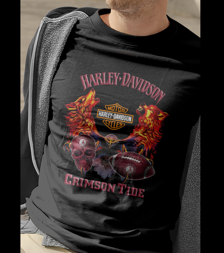 Harley Davidson Crimson Tide Motorcycle Alabama Football Wolves Eagle Skull T-Shirt