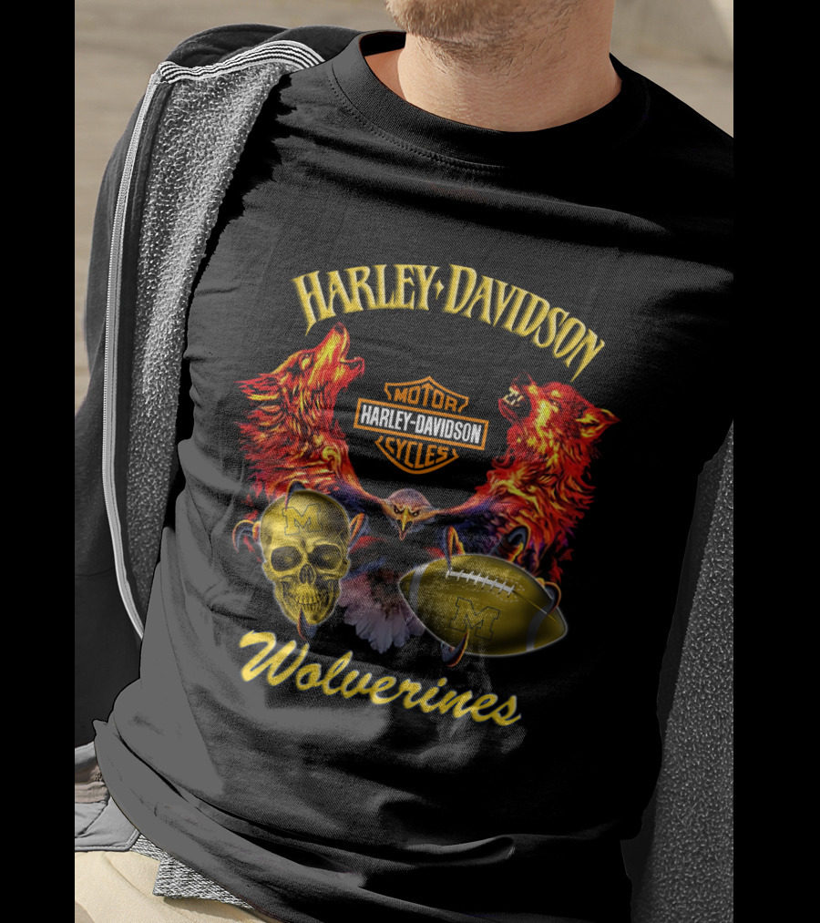 Harley Davidson Motorcycles Wolverines Football Skull T-Shirt