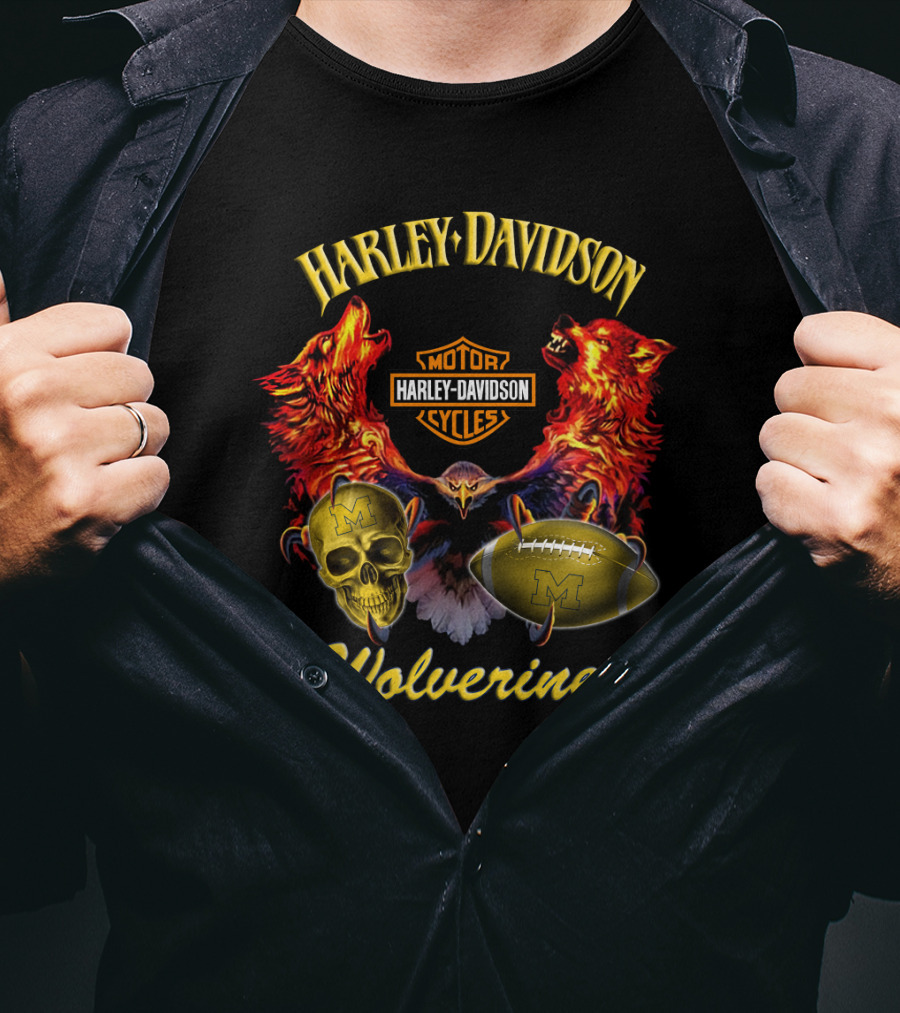 Harley Davidson Motorcycles Wolverines Football Skull T-Shirt