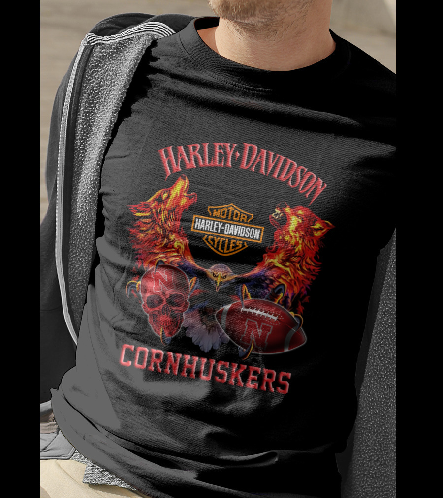 Harley Davidson Nebraska Cornhuskers Football Skull Wolves T-Shirt