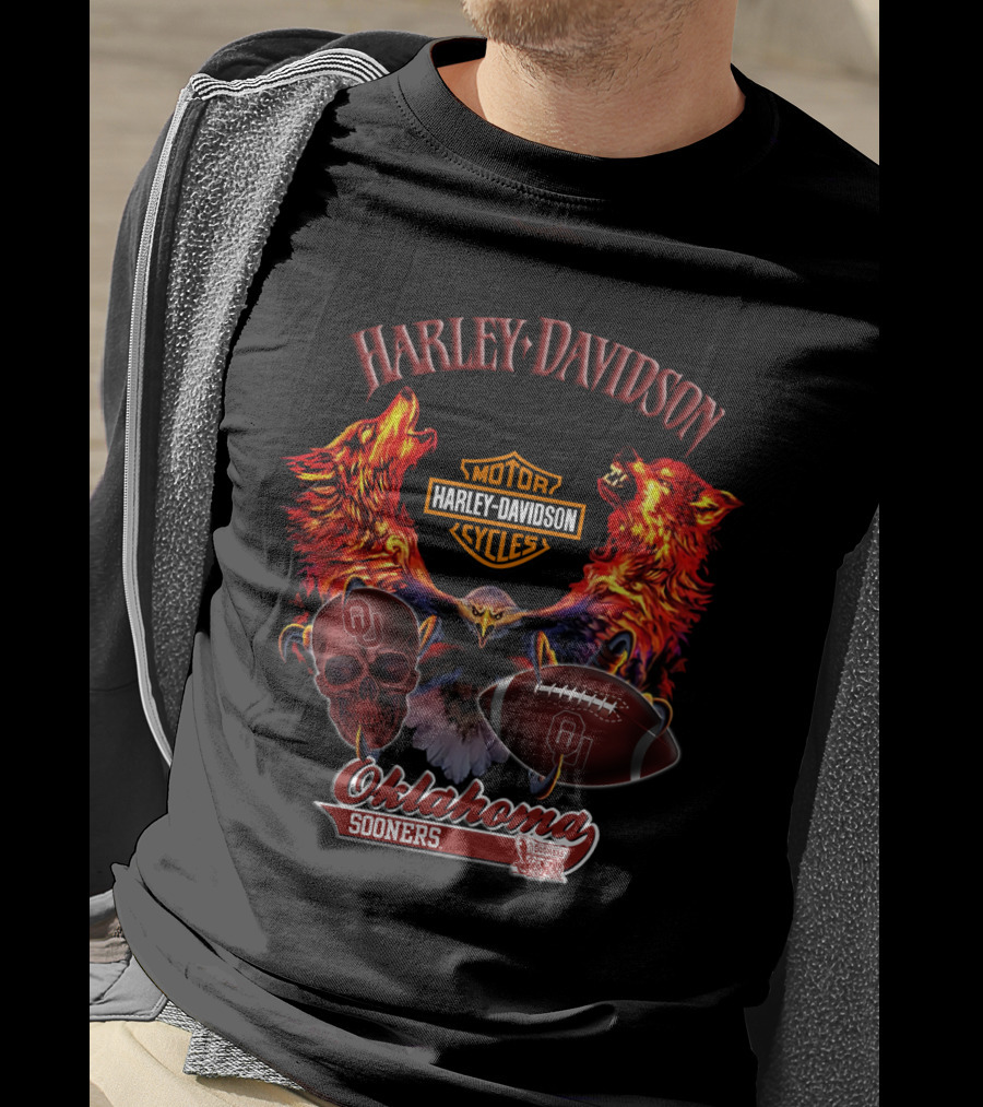 Harley Davidson Oklahoma Sooners Wolves Eagle Skull Football T-Shirt
