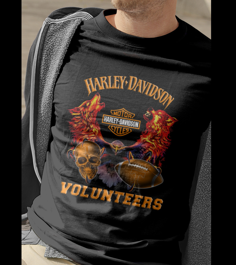 Harley Davidson Motor Cycles Tennessee Volunteers Wolves Skull Football T-Shirt