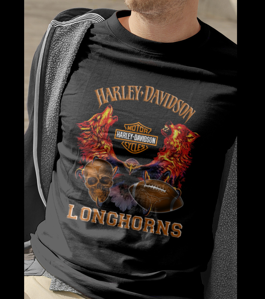 Harley Davidson Longhorns Texas Football Wolves Skull And Motorcycle T-Shirt