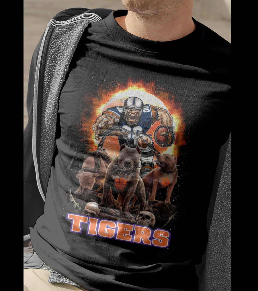 Tigers Football Warrior With Dogs And Skulls In Front Of Fiery T-Shirt