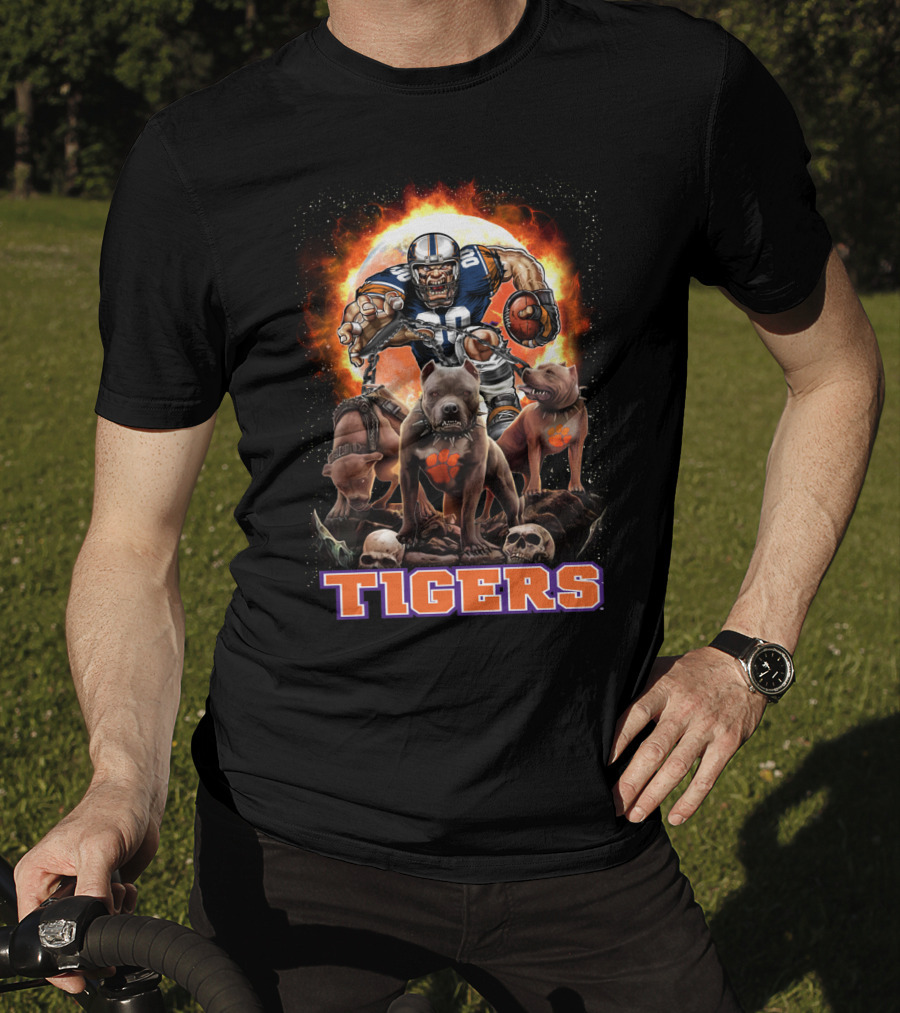 Tigers Football Warrior With Dogs And Skulls In Front Of Fiery T-Shirt
